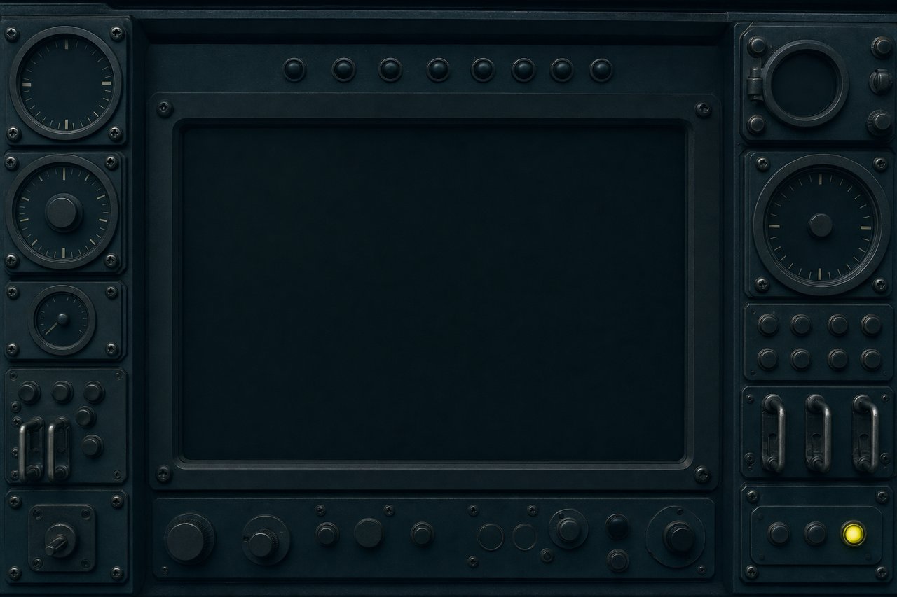 A dark navigation-instrument console of blank dials and unlit indicator lamps, one amber lamp lit at the lower right.