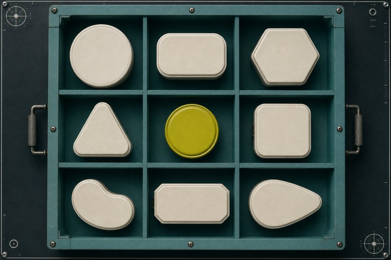 Nine bone-coloured containers of visibly different shapes arranged in a petrol teal grid tray, one with an amber lid.