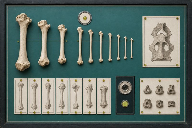 A specimen board of bone forms in graduated sizes pinned to petrol enamel with amber pins.