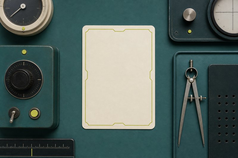 An empty bone card slot on a petrol teal desk with an amber edge.