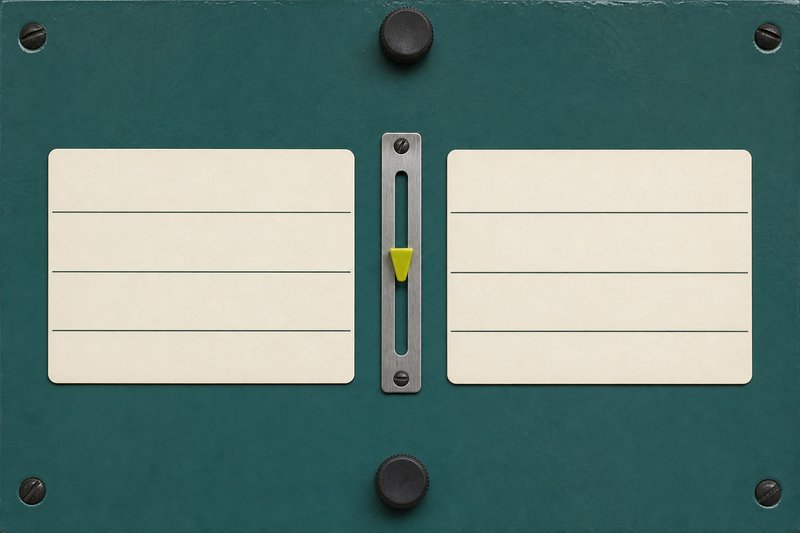 Two ruled bone index cards on petrol teal with a brushed-metal slide between them carrying one amber marker.