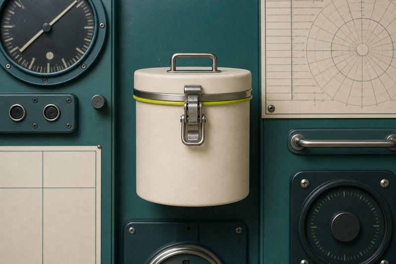 A sealed matte bone canister on petrol enamel with an amber gasket ring.