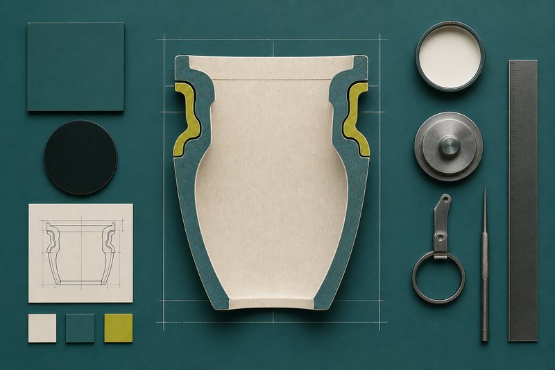Cross-section of a bone container wall on petrol teal with an amber seal line.