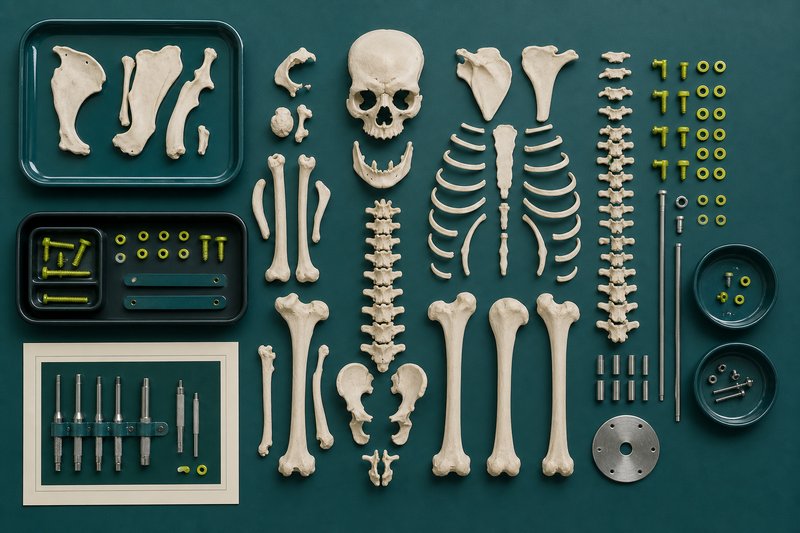 Bone components laid out in exploded order on petrol enamel with amber fasteners.