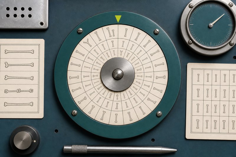 A bone cipher wheel on petrol enamel with an amber index mark.