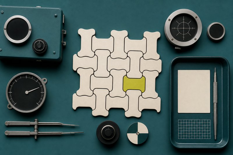 Interlocking bone tiles on petrol teal with a single amber tile among them.