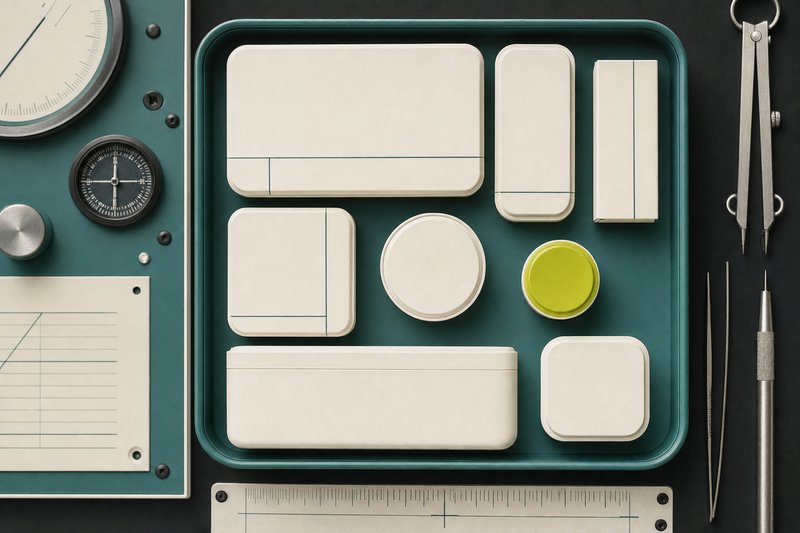 Bone-coloured containers of different sizes in a petrol teal tray, one with an amber lid.