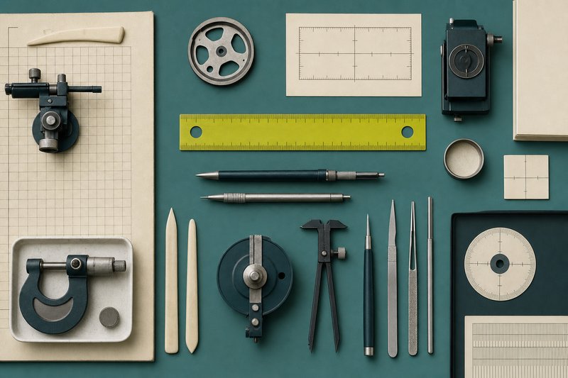 A bone workbench surface on petrol teal with matte tools and an amber rule.
