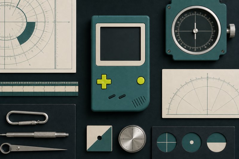 A matte handheld shell in petrol teal with a bone bezel and one amber button.