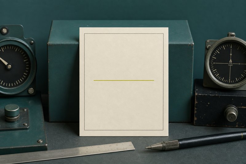 A bone card leaning against a petrol teal block with an amber shadow line.