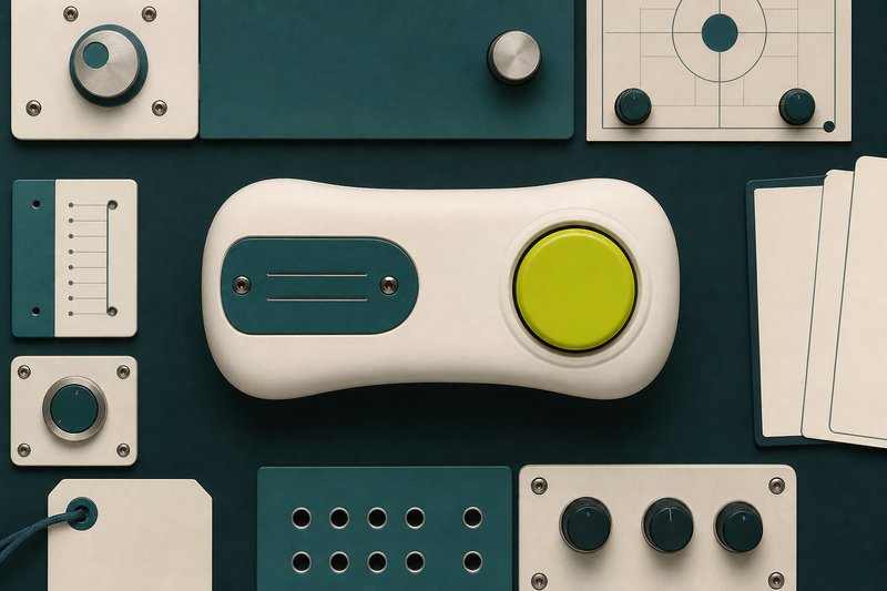 A chunky rounded bone device shell on petrol teal with an oversized amber button.