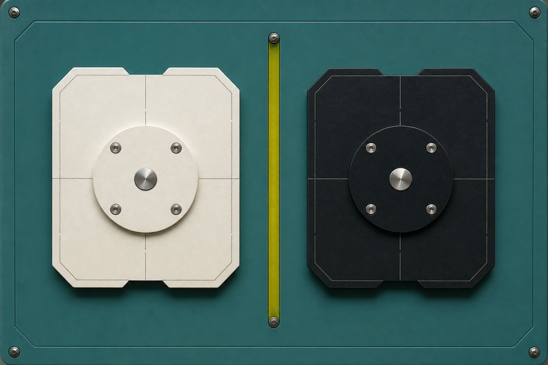 Two matte objects side by side on petrol enamel, one bone and one ink, divided by an amber line.