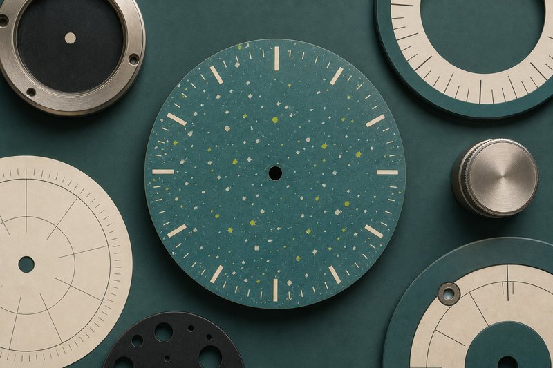 A bone dial with a scattered amber speckle pattern across it on petrol teal.