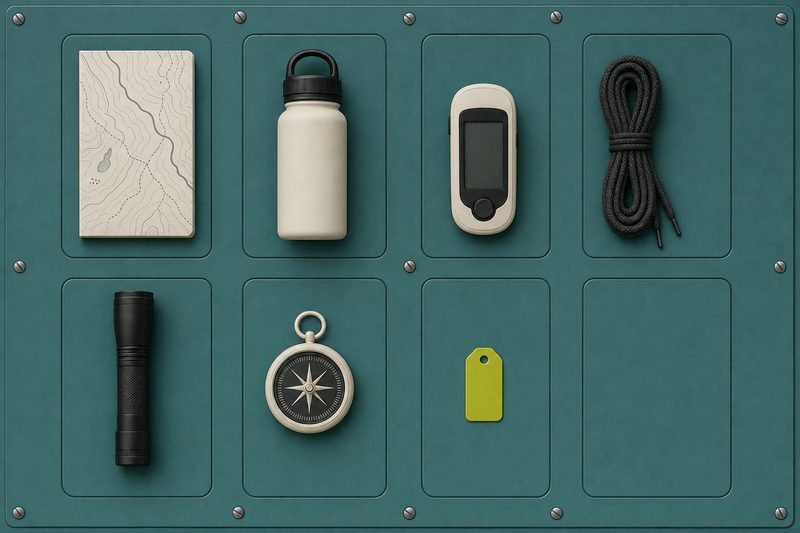 A shadow board of bone and ink hiking objects on petrol teal enamel, one slot holding a chartreuse tag.