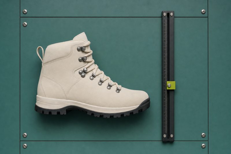 A bone boot standing beside an ink measuring rail on petrol enamel with a chartreuse marker.