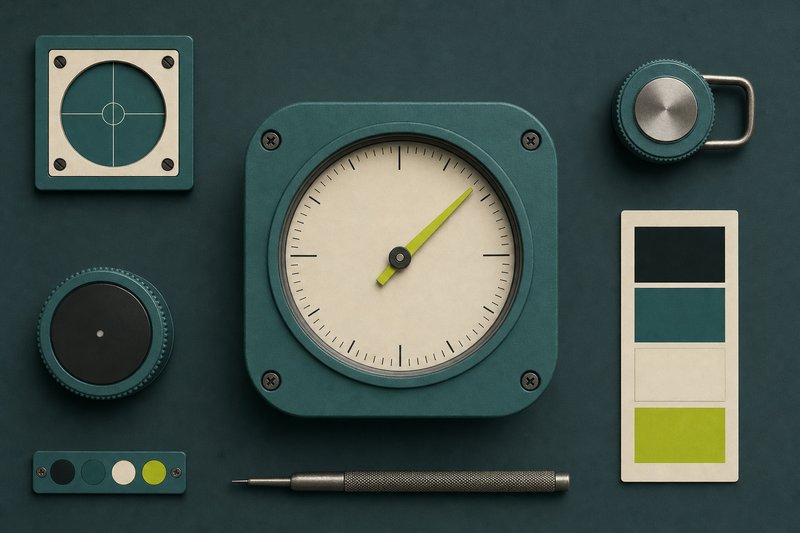 A matte instrument housing in petrol teal with a bone dial and an amber pointer.