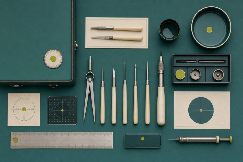 Flat-lay of bone-handled precision tools on petrol enamel with amber tips.