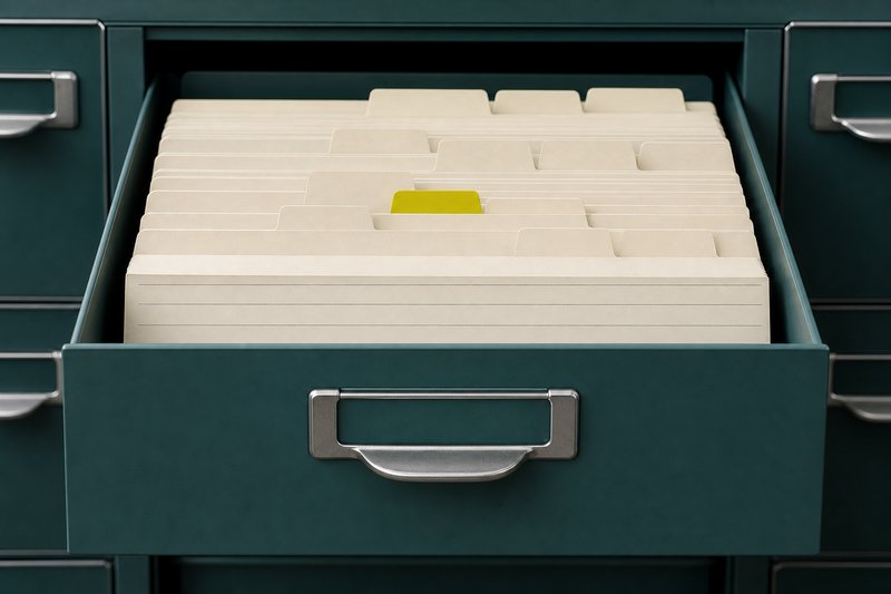 A bone card index with staggered alphabetical tabs in a petrol teal drawer, one tab in amber.