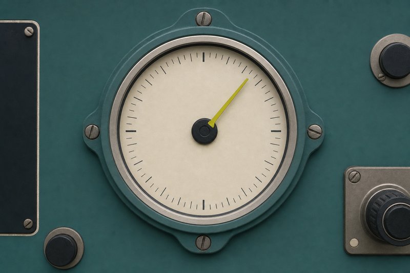 A bone-coloured instrument dial on a petrol teal panel with a single amber marker.