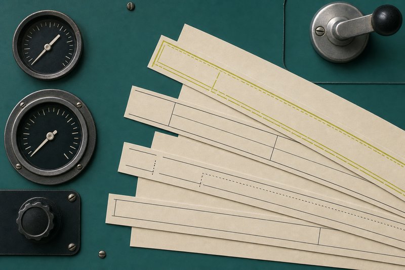 Overlapping bone paper strips fanned across a petrol enamel surface, one stamped in amber.