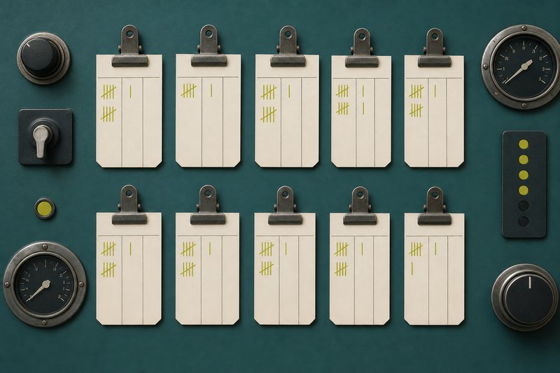 Bone tally strips clipped to a petrol teal board, marked in amber.