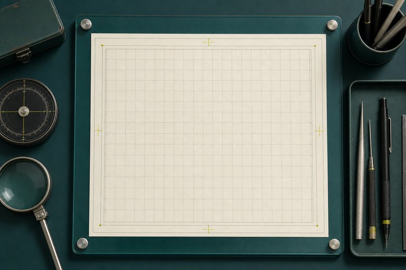 A blank bone grid sheet under petrol teal glass with amber registration marks.