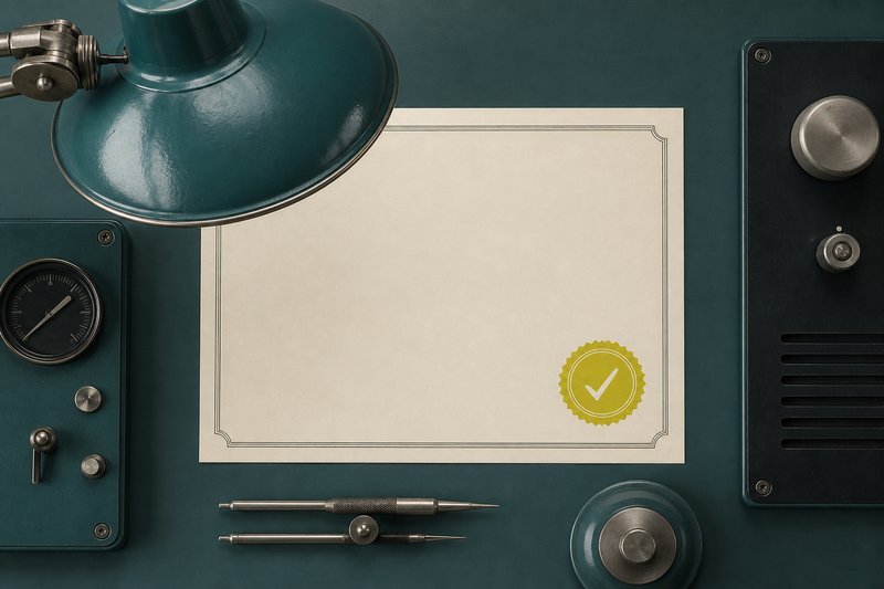 A bone document under a petrol teal inspection lamp with an amber approval stamp beside it.