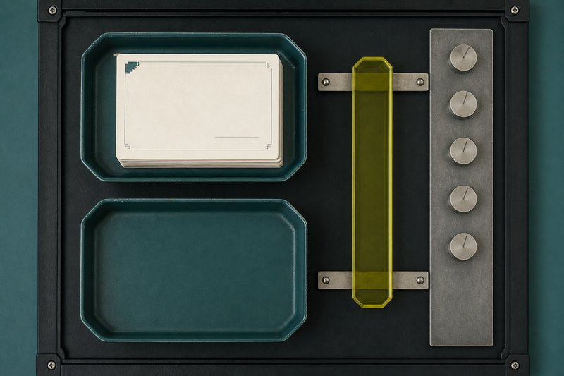 Two bone trays on petrol enamel, one stacked with cards and one empty, with an amber divider between them.