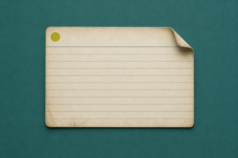 A single weathered bone-coloured index card alone on a wide petrol teal field, one corner curled.