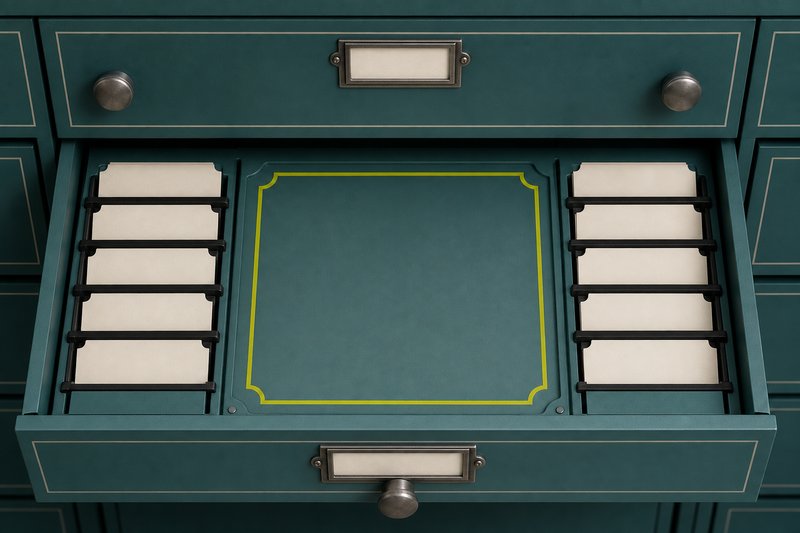 An empty bone card slot in a petrol teal cabinet drawer, its rim marked in amber.