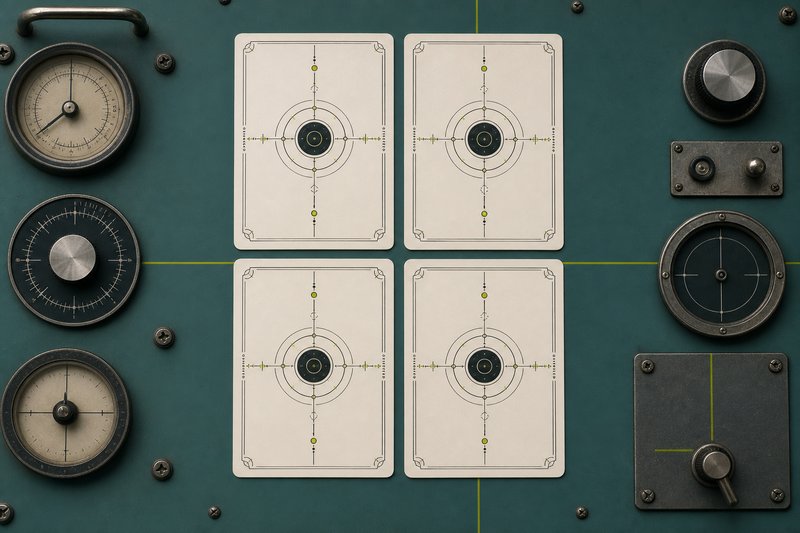 Four identical bone cards arranged in a square on petrol enamel, joined by fine amber hairlines.