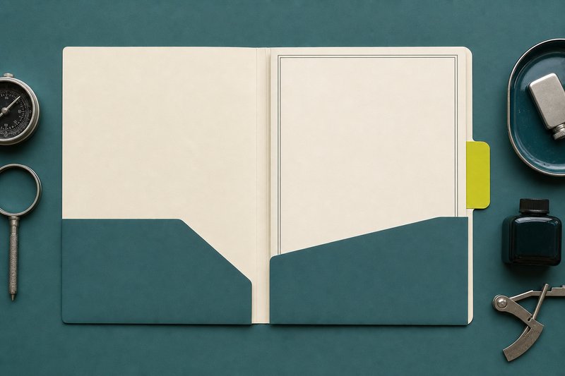 An open bone-paper folder on petrol teal with an amber tab.