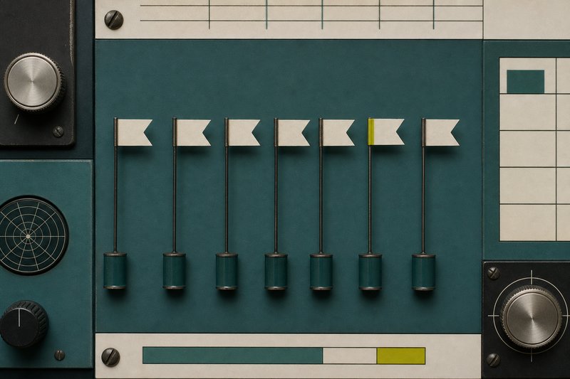A row of bone-paper flags on thin ink pins set into petrol enamel.
