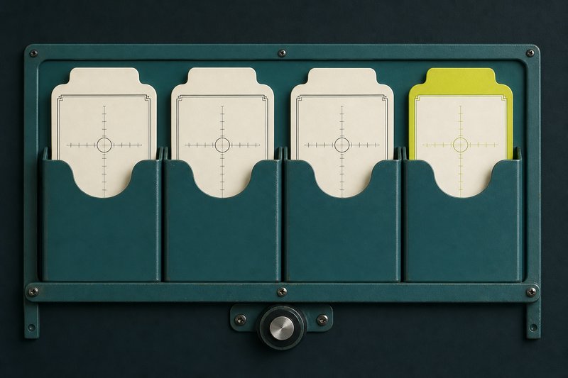 Four bone card pockets in a petrol teal rack, one of them edged in amber.