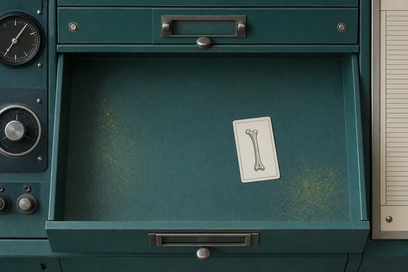 An emptied petrol teal drawer with a single bone card left in it and amber dust along the runner.