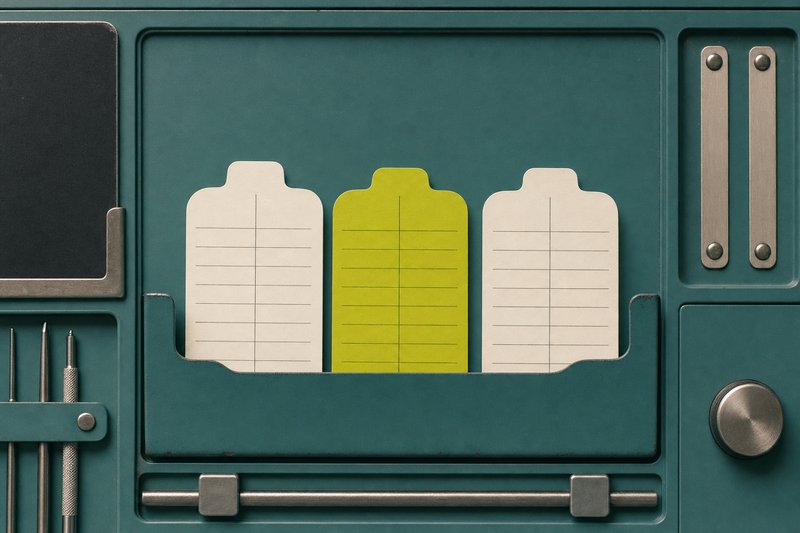 Three bone-coloured filing tabs standing in a petrol teal tray, the middle one edged in amber.