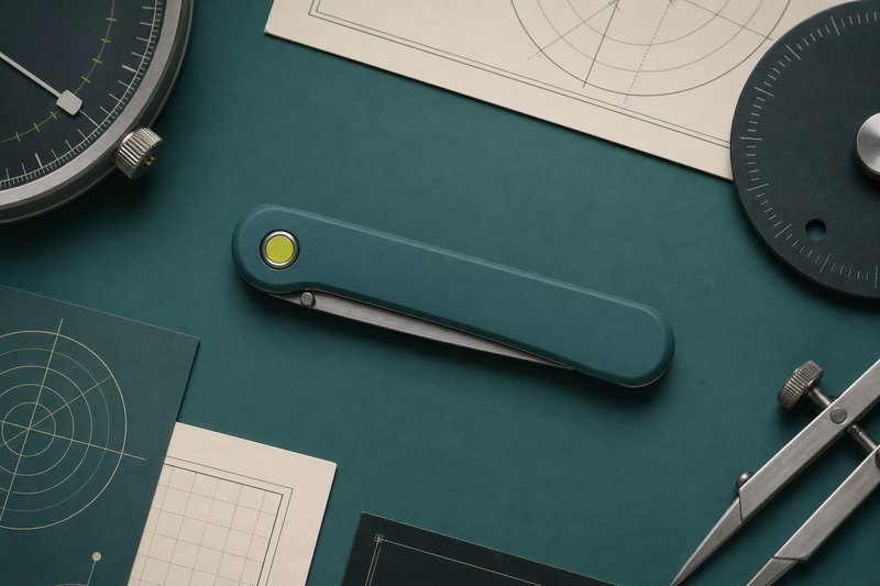 A closed matte bone folder on petrol enamel with an amber seal.