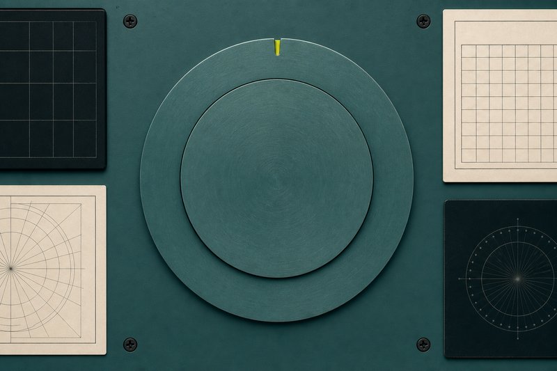 Two concentric brushed-metal discs on petrol teal, the inner one turned against the outer, one notch marked in amber.