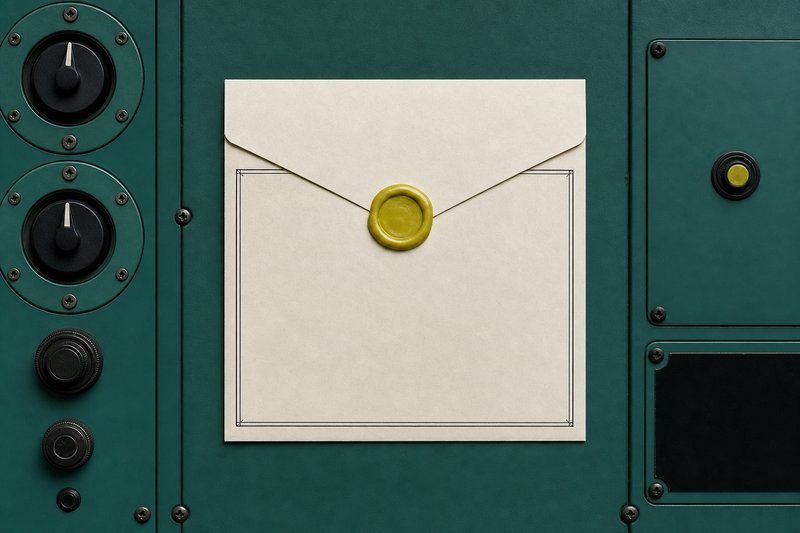 A bone paper seal on petrol teal metal with a dot of amber wax.