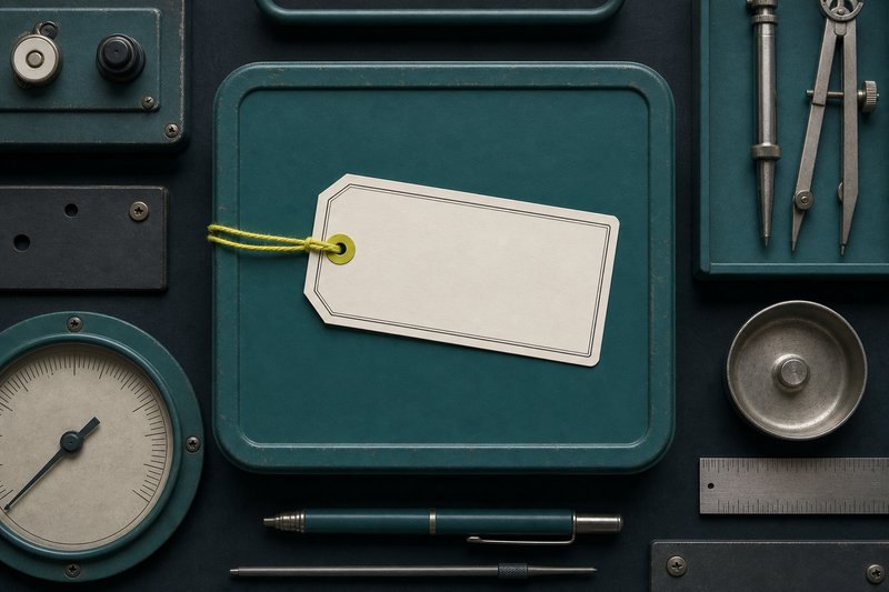 A blank bone label on a petrol teal container with an amber string tag.