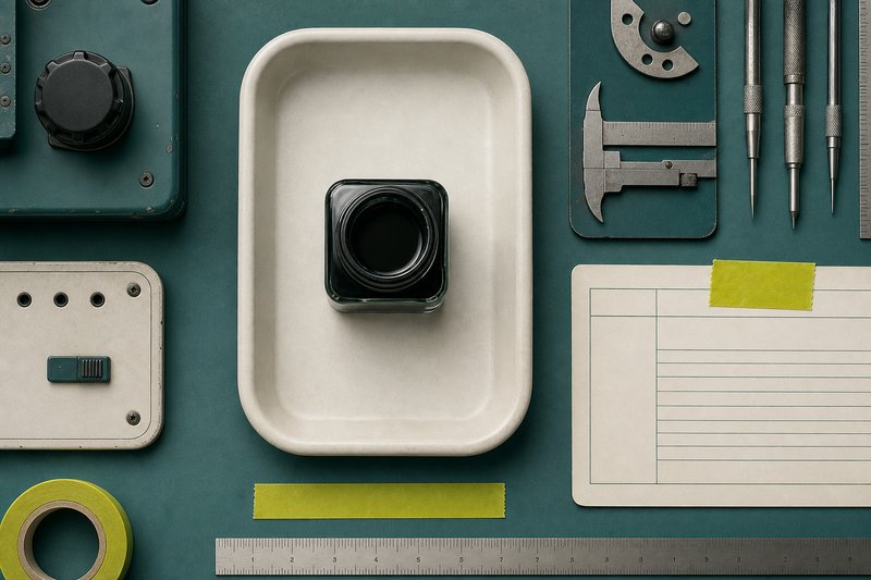 An unmarked ink container on a bone tray against petrol teal, sealed with amber tape.