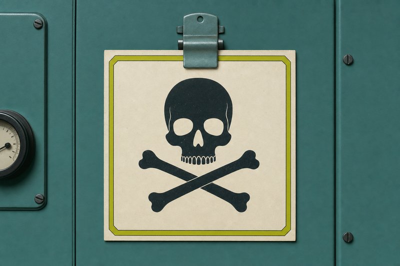 A bone warning placard clipped to petrol teal metal with an amber border.