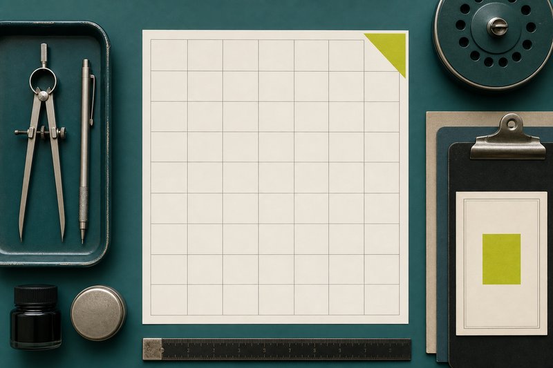 A bone grid of blank cells on petrol teal with one amber corner.