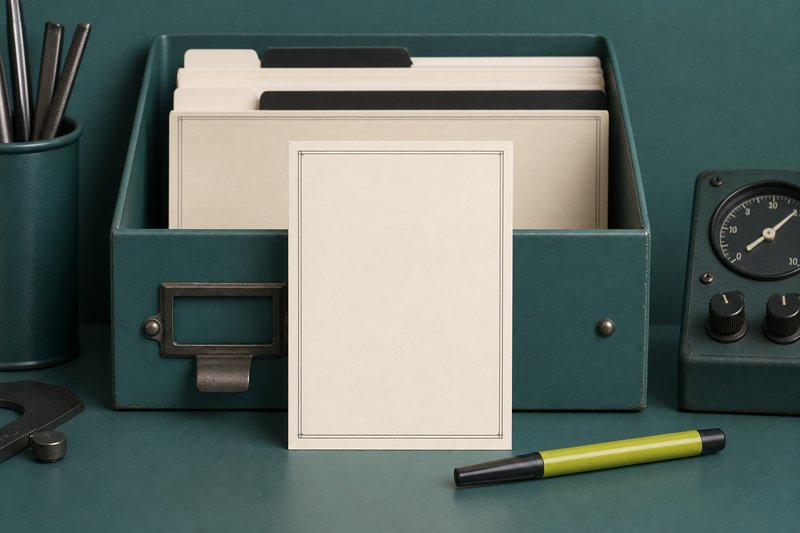 A single bone card standing at the front of a petrol teal filing tray with an amber marker beside it.