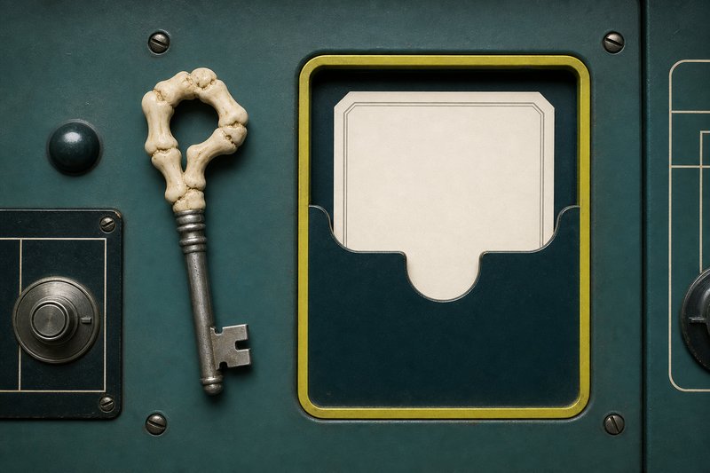 A bone-handled key resting on petrol enamel beside an open empty card slot with an amber rim.