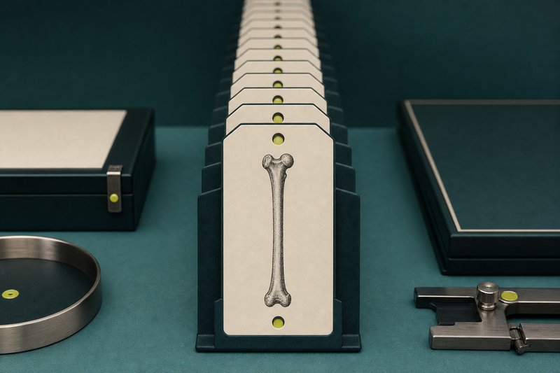 An endless row of identical bone markers on petrol teal, receding into the distance.