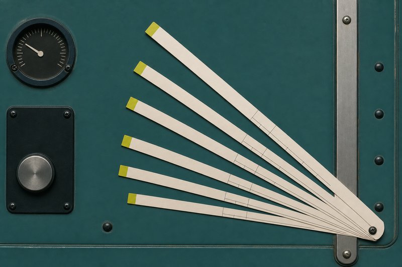 Bone paper strips of different lengths fanned across petrol enamel with amber tips.