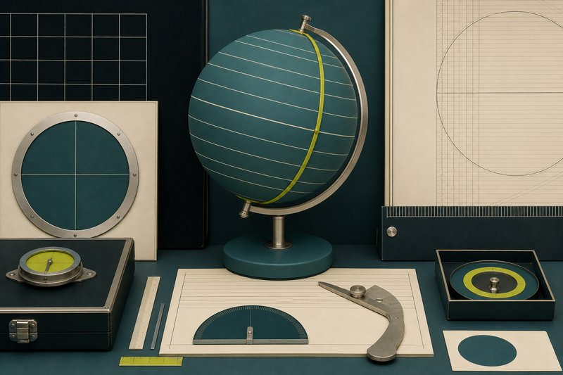 A petrol teal globe form with bone latitude bands and one amber meridian.