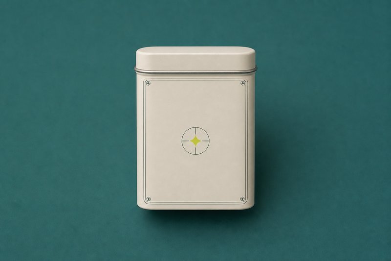 A plain matte bone tin standing alone on a wide petrol teal field.