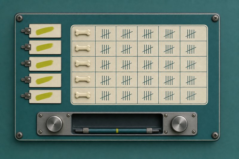 A bone tally board on petrol enamel marked in amber, carrying no digits.